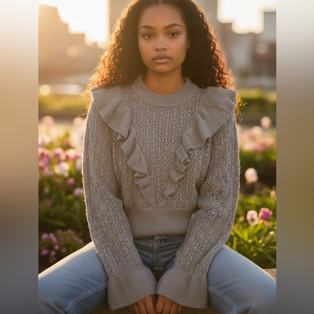 Divided by H&M Long Sleeve Crew Neck Crochet Gray Sweater w/ Ruffles Medium